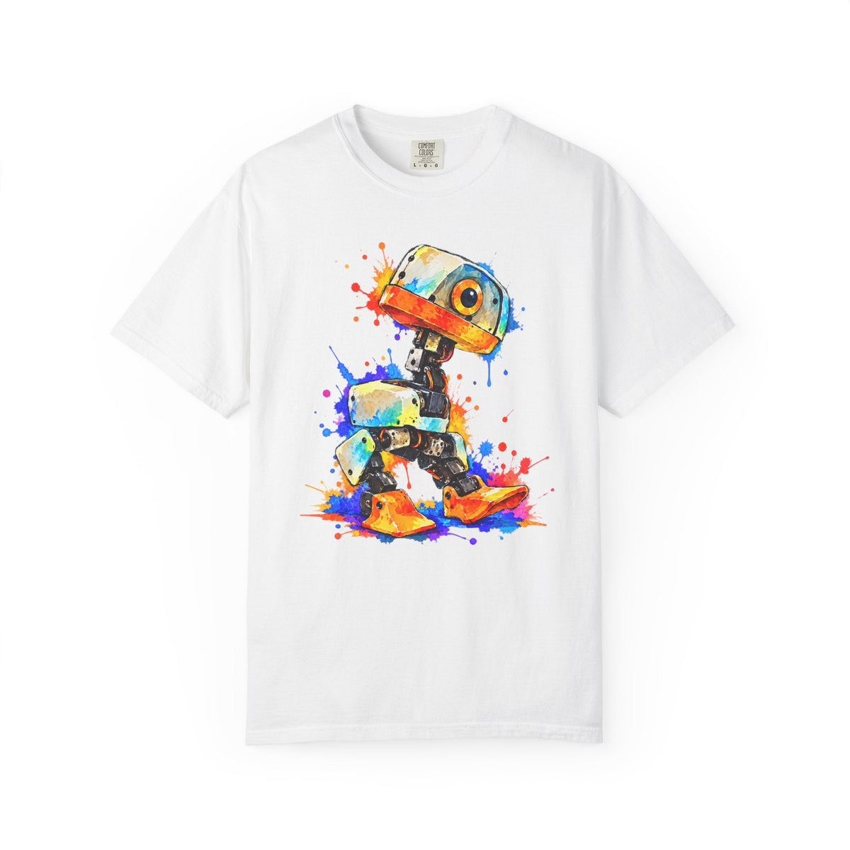 Microduck Robot Splash Art T-shirt, a cute colorful watercolor robot graphic tee shown on a white shirt