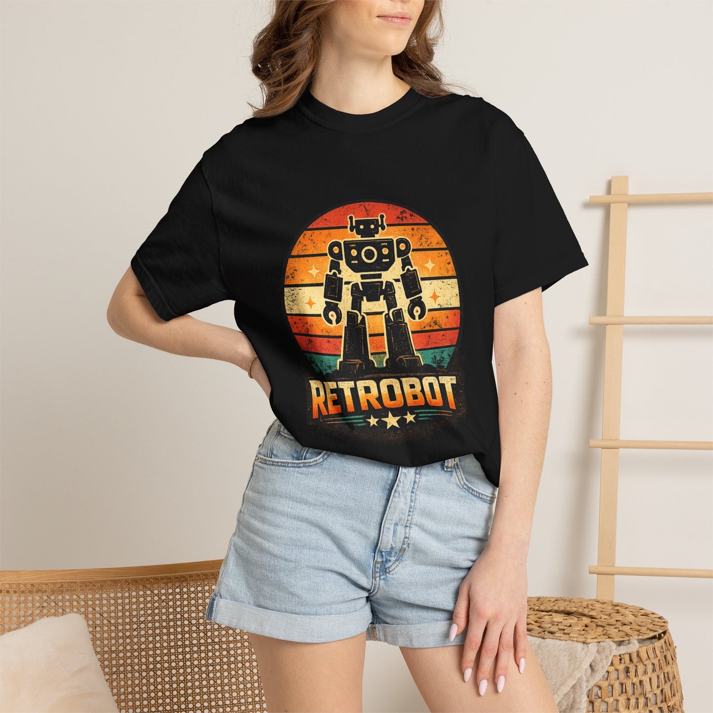 Retrobot vintage robot sunset graphic tee by LM Apparel, product photo