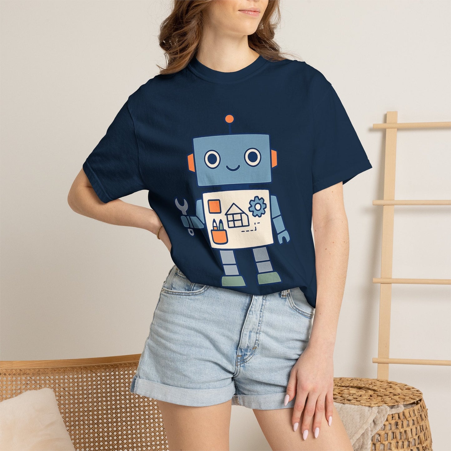 Cute Robot Engineer blueprint graphic tee by LM Apparel, product photo