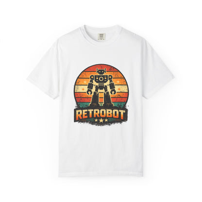 Retrobot vintage robot sunset graphic t-shirt by LM Apparel, front view
