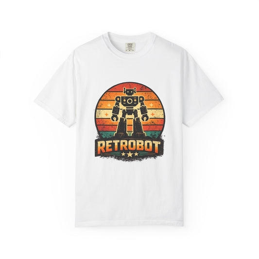 Retrobot vintage robot sunset graphic t-shirt by LM Apparel, front view
