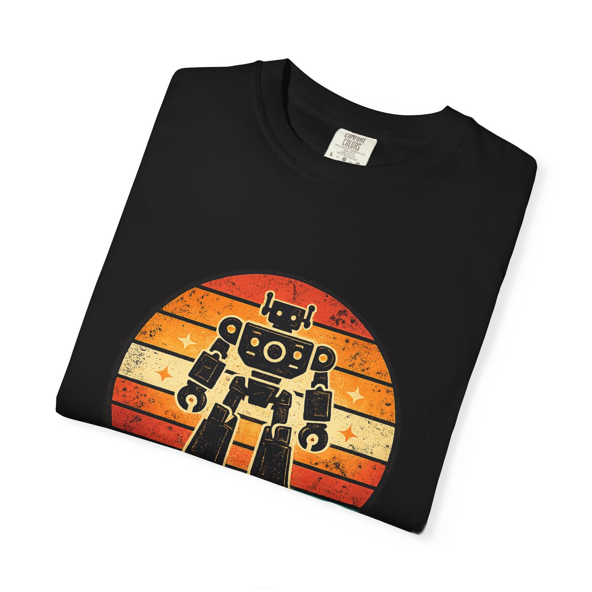 Retrobot vintage robot sunset graphic tee by LM Apparel, product photo