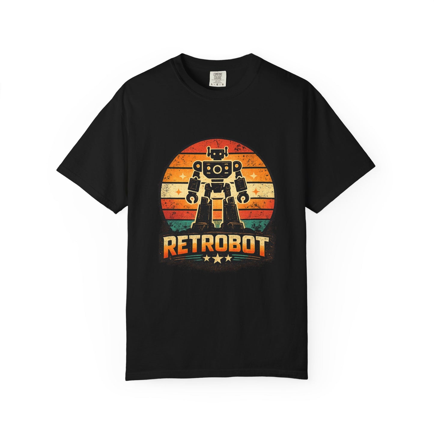 Retrobot vintage robot sunset graphic tee by LM Apparel, product photo