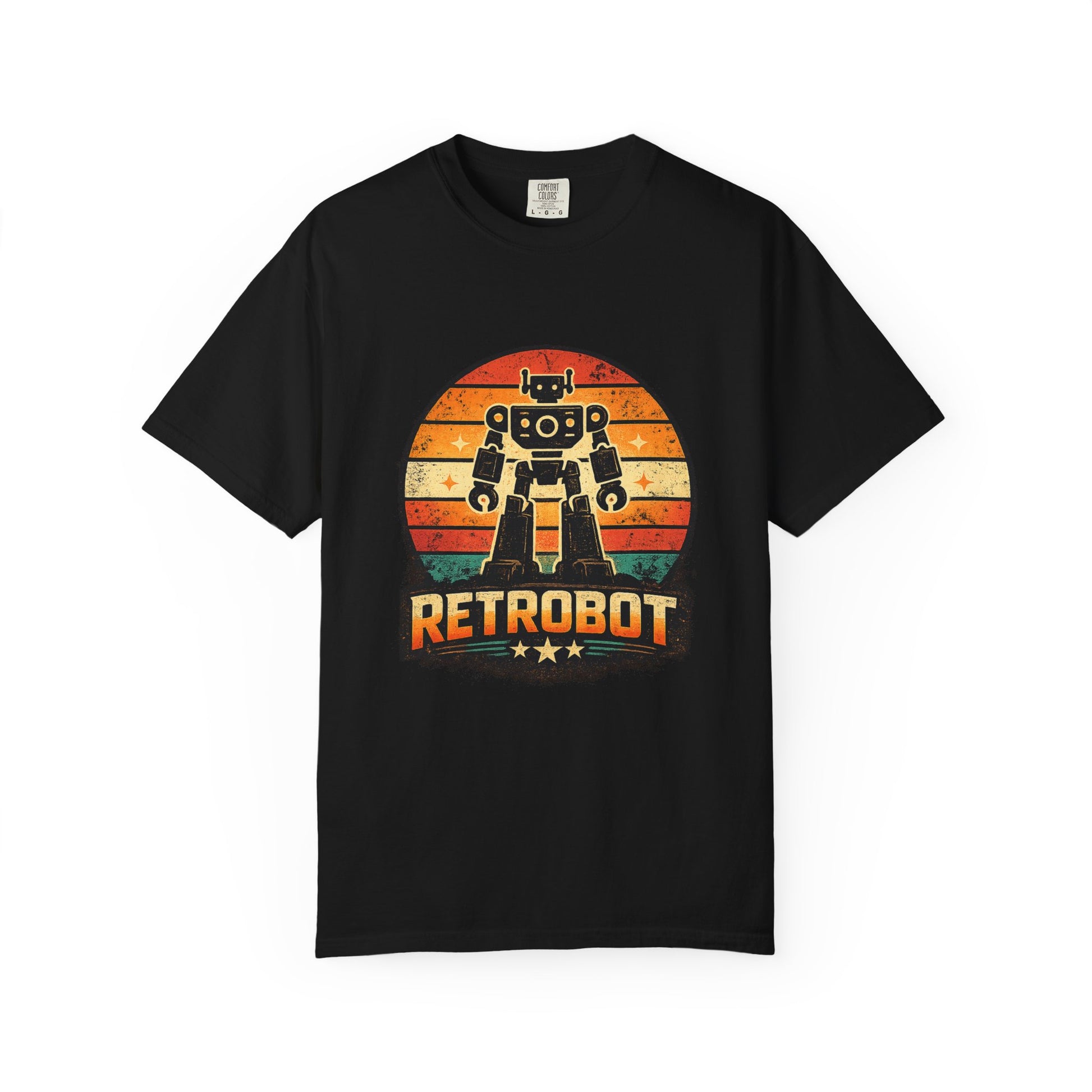 Retrobot vintage robot sunset graphic tee by LM Apparel, product photo